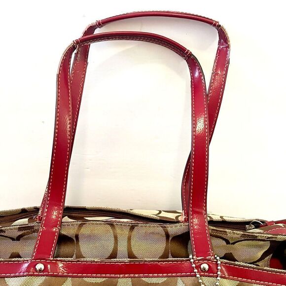 Coach Khaki Signature Cherry Red Tote Bag Handbag Weekender F17443 Patent Large - Picture 9 of 16